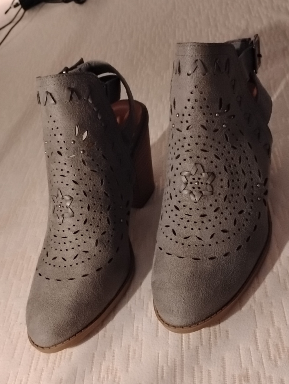 Sugar Gray Suede Laser-Cut Block Heel Booties